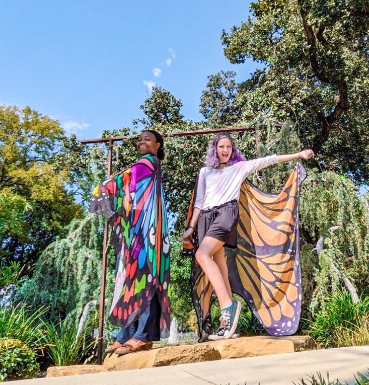 Two young ladies dressed like butterflies on their way to see butterflies in Texas.
