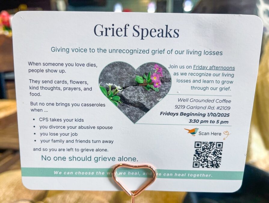 A card about grief at Faith based coffee shops in white rock