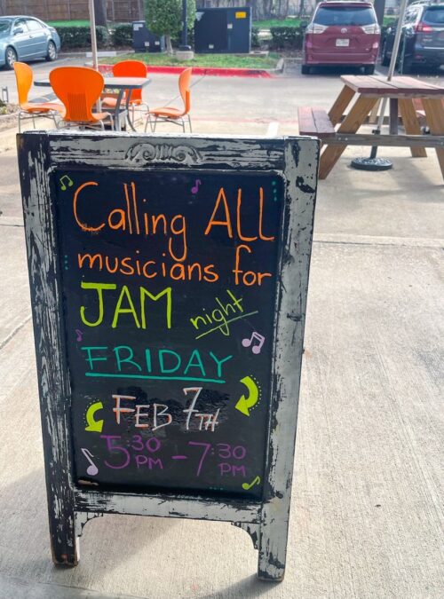 Sign about music jam at well grounded coffee