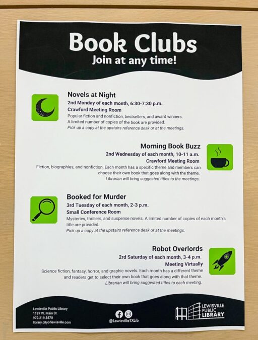 Book clubs flyer at Lewisville branch library