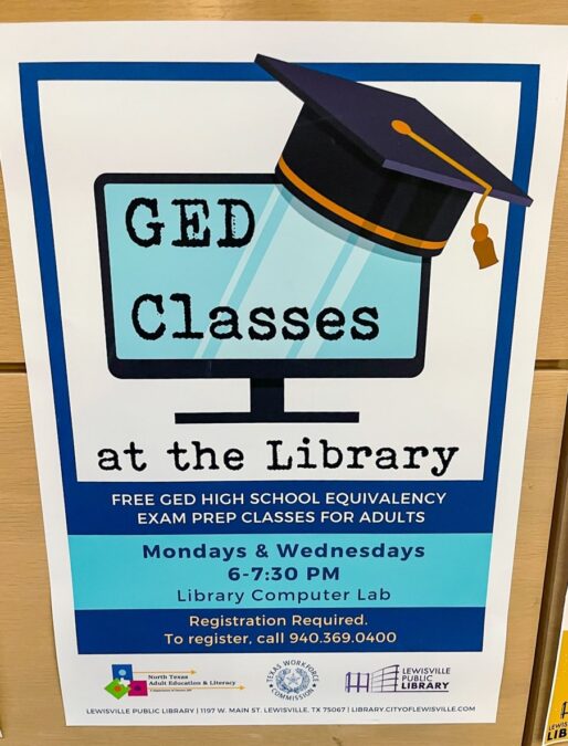 GED classes at the library flyer at Lewisville branch library