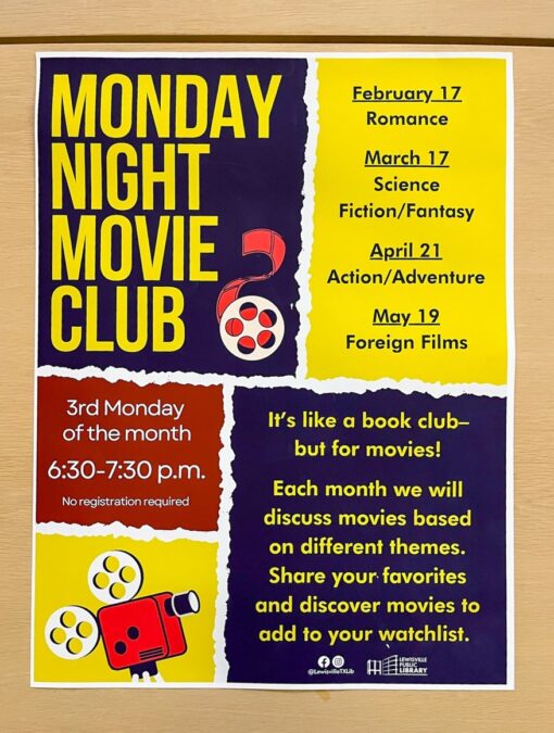 Monday Night Movie Club flyer at Lewisville branch library