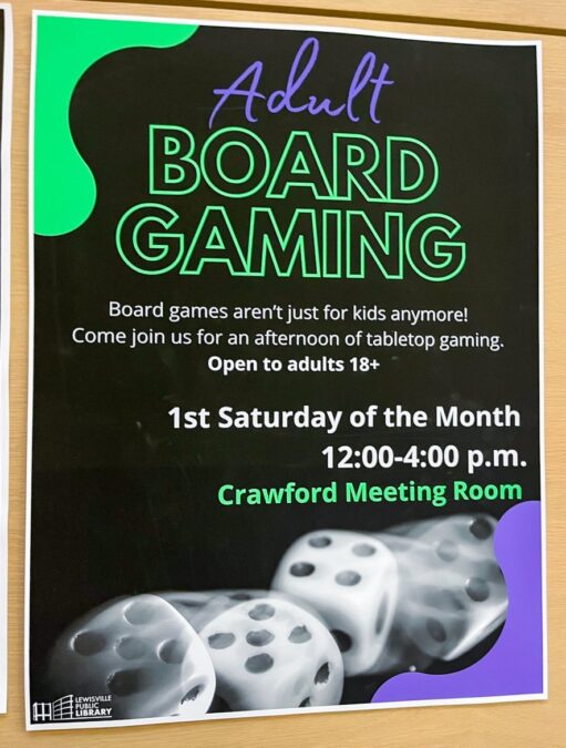 Adult Board Gaming flyer at Lewisville branch library