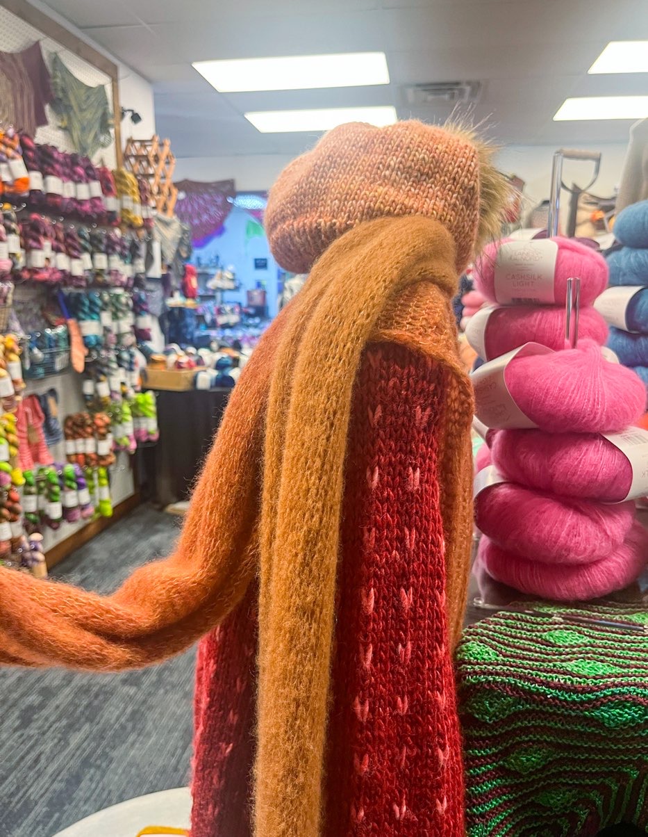 Beautiful knitted hat and scarf at Knit Dallas yarn shop