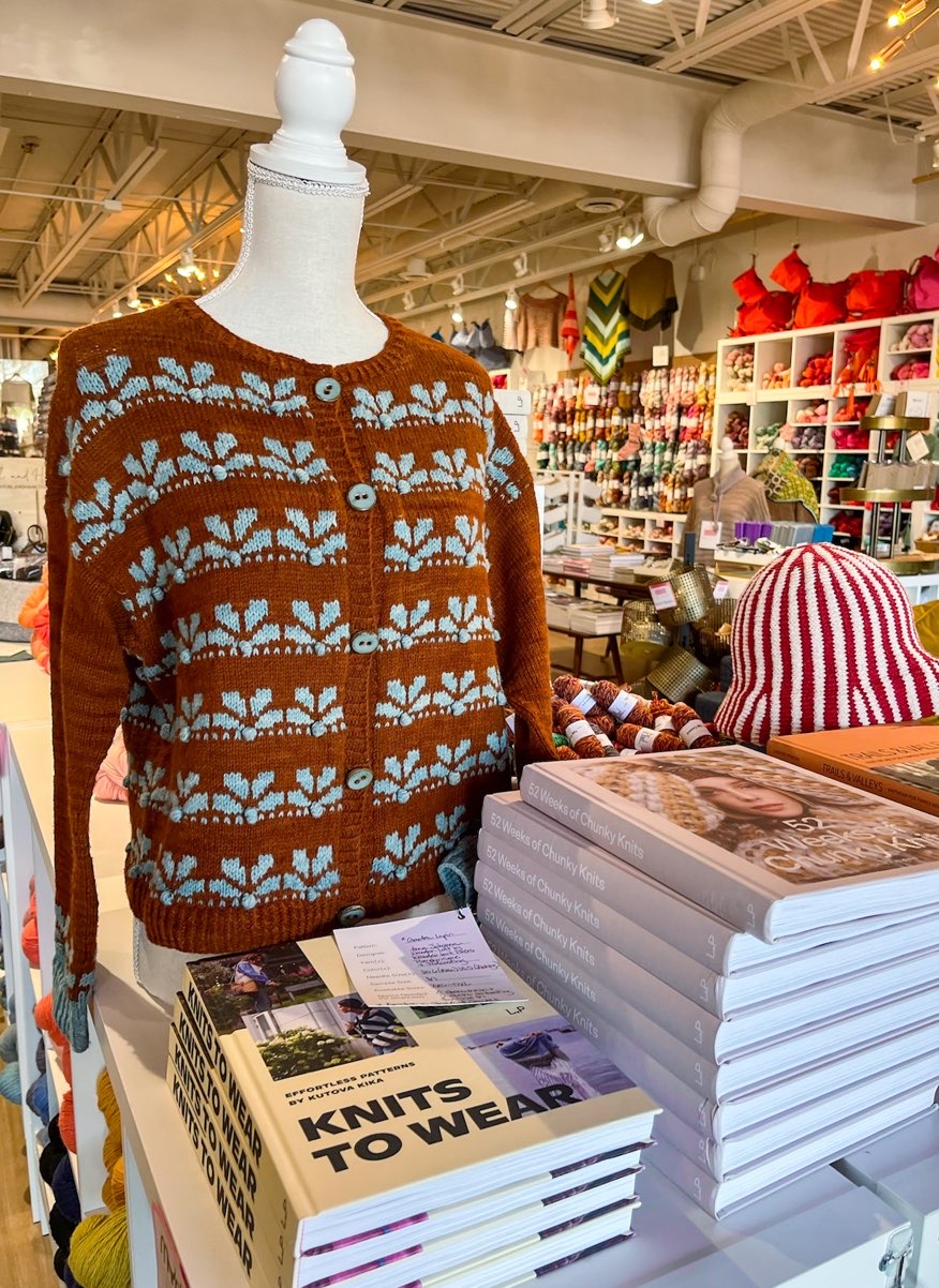 knitted sweater in yarn store at dfw yarn crawl