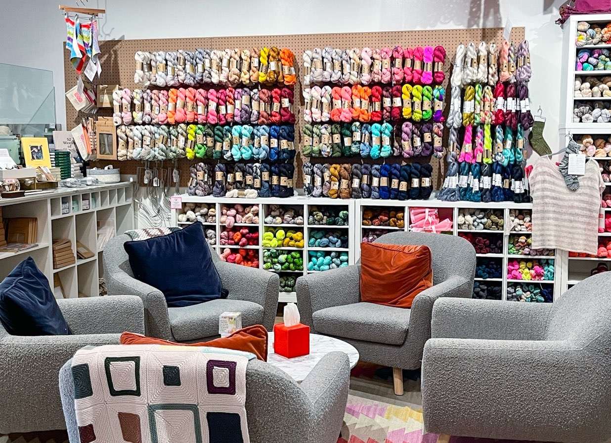 crafting seating area for meetup groups at Krit Dallas; yarn crawl