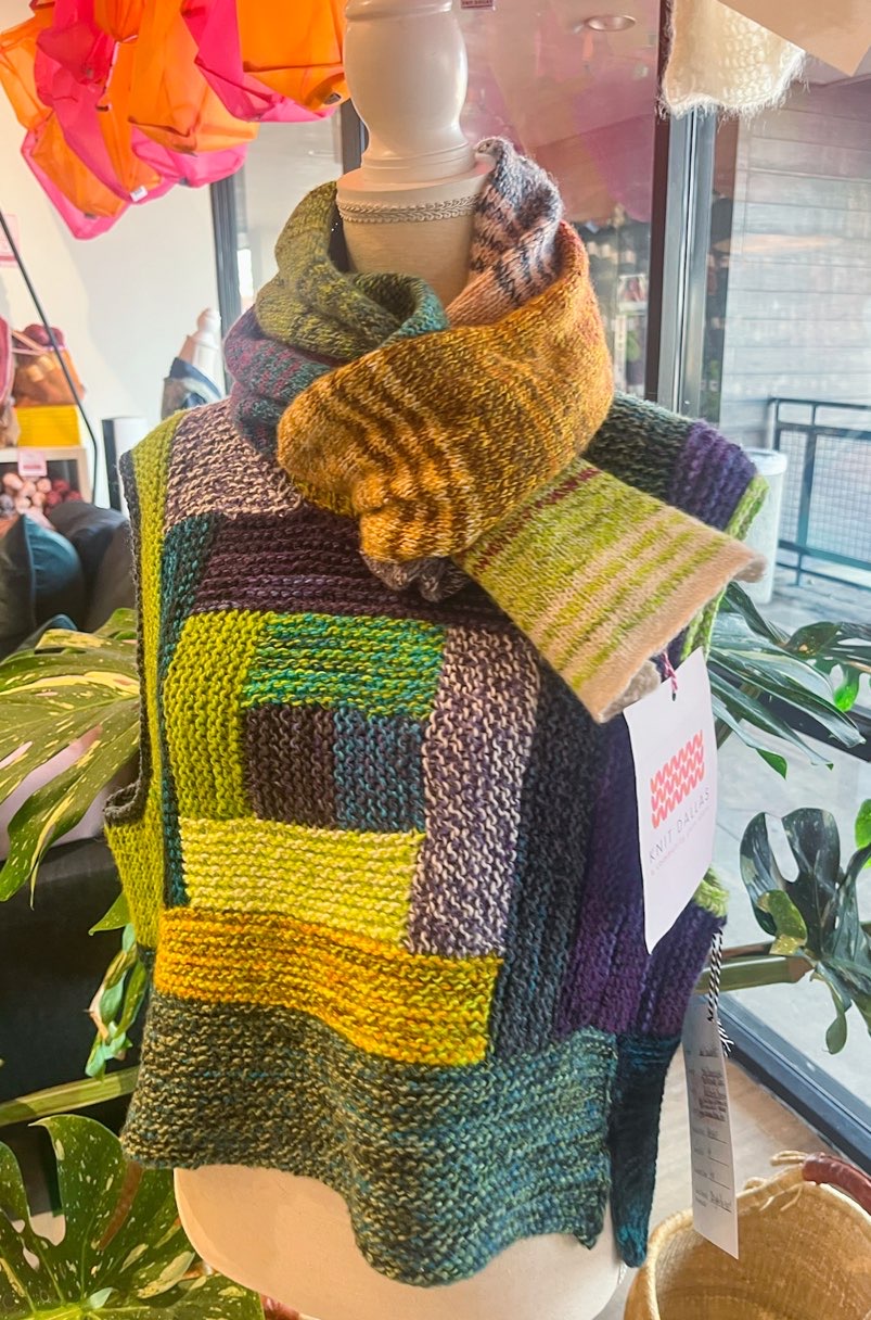beautifully knitted scarf and sweater at north texas yarn crawl