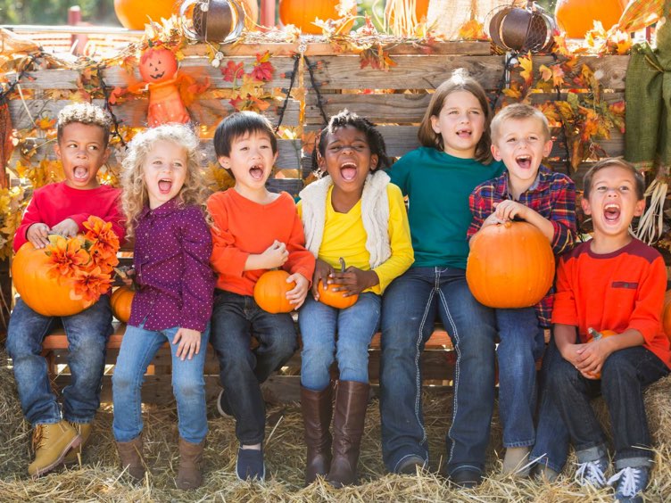 Kids pose for a photo on a bench, holding pumpkins at a farm near Dallas.