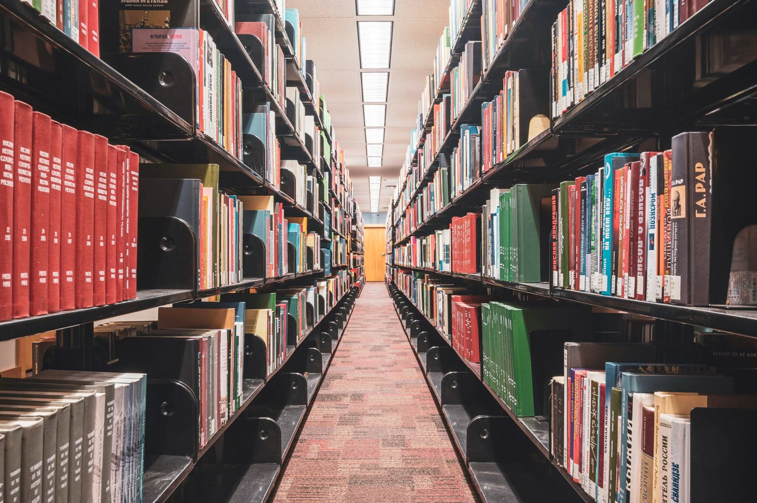 Single row of neatly organized books, five shelves high, at a Dallas Public Library, one of the free things to do in Dallas with kids.