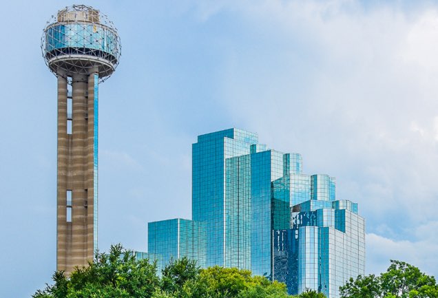 View of the Dallas skyline at sunset featuring Reunion Tower, one of the iconic sights and free things to do in Dallas with kids when exploring the city.