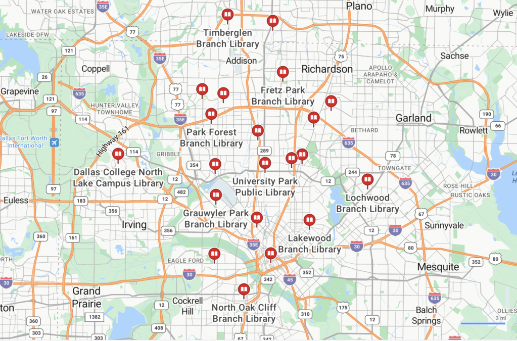 Map of library branches in the Dallas Public Library system, one of the free things to do in Dallas with kids.