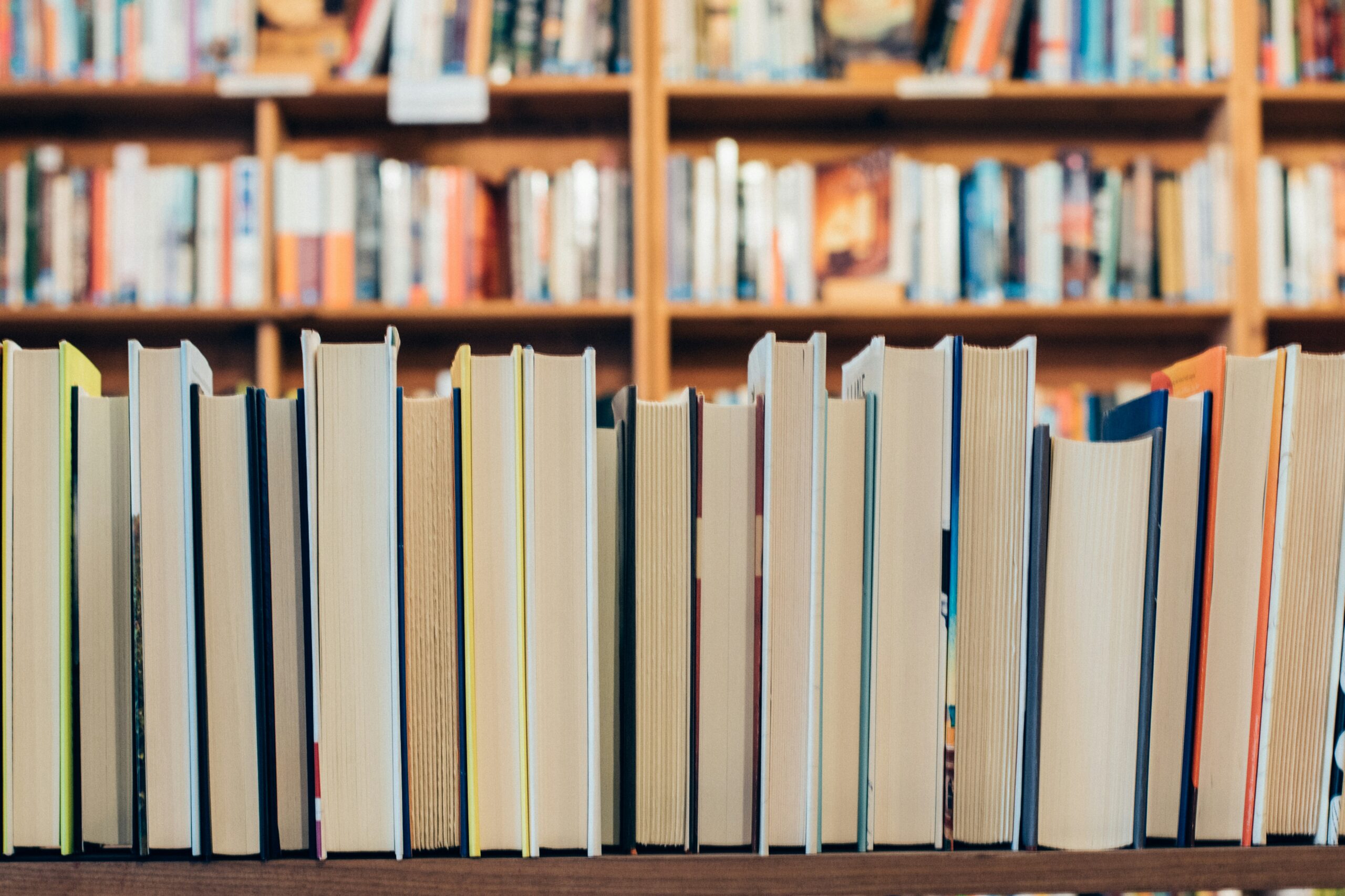 In the foreground is a shelf of books lined up in a perfect row at the Dallas Half Price Bookstore. In the background, rows of book-lined shelves hold books waiting to be rediscovered, one of the wonderful free things to do in Dallas at night