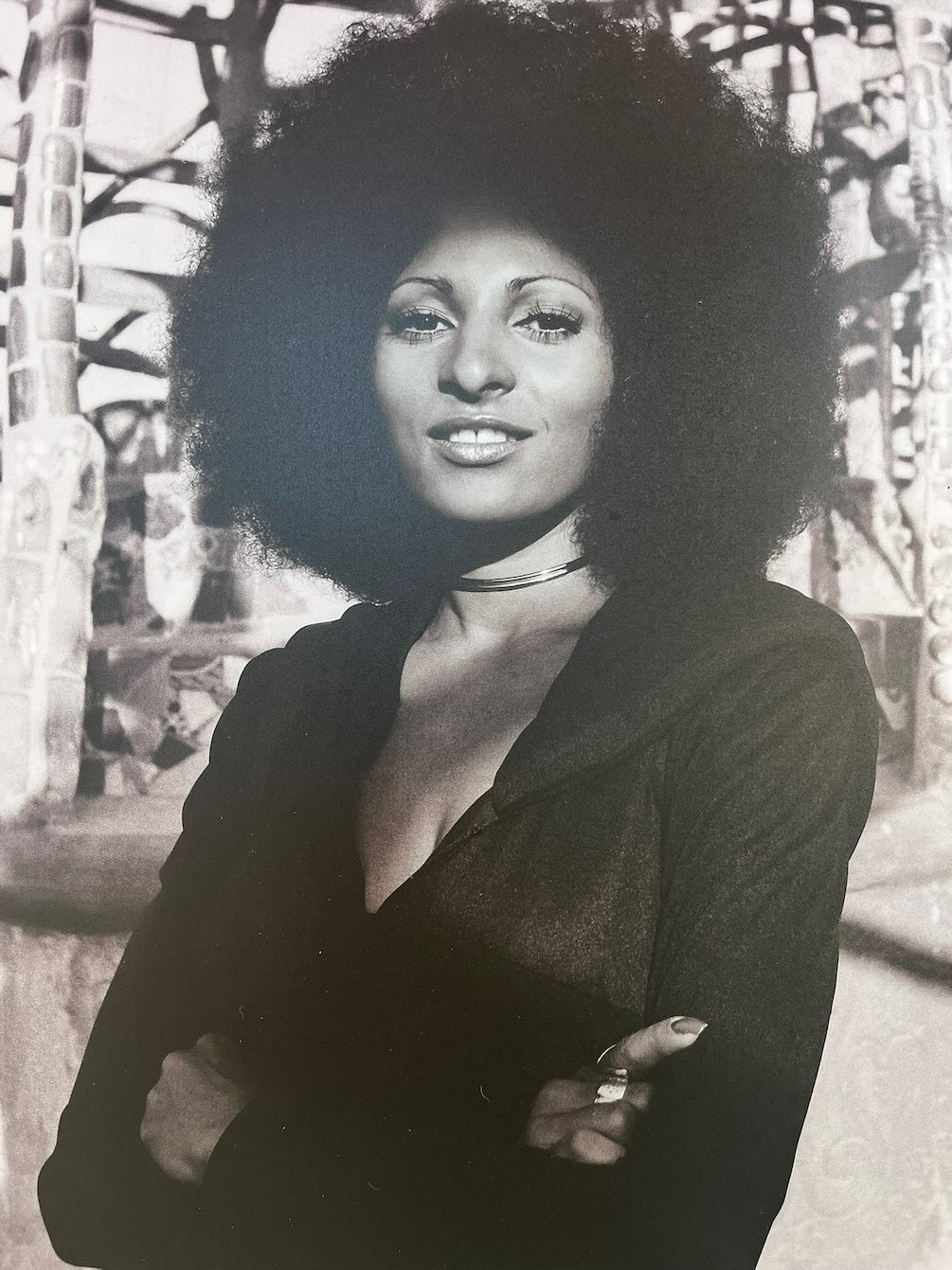 African American Museum of Dallas reviews exhibit featuring a young Pam Grier posing confidently for a portrait