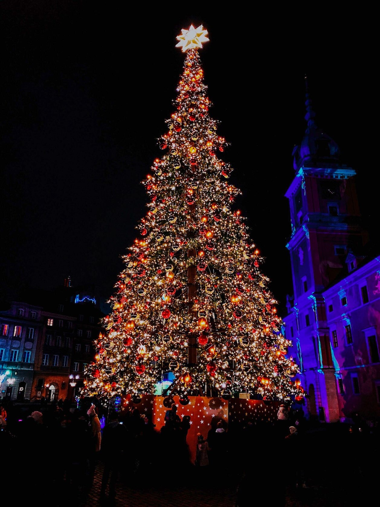 The 60-foot live Christmas tree at Peace Plaza in Grapevine Main Station glows against the night sky during Christmas in Grapevine as visitors gather below.