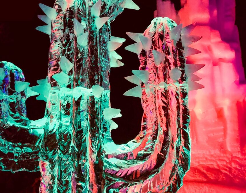 Carved ice sculpture showcasing ICE! at Gaylord Texan during the Christmas season in Grapevine, a festive winter in Dallas attraction.