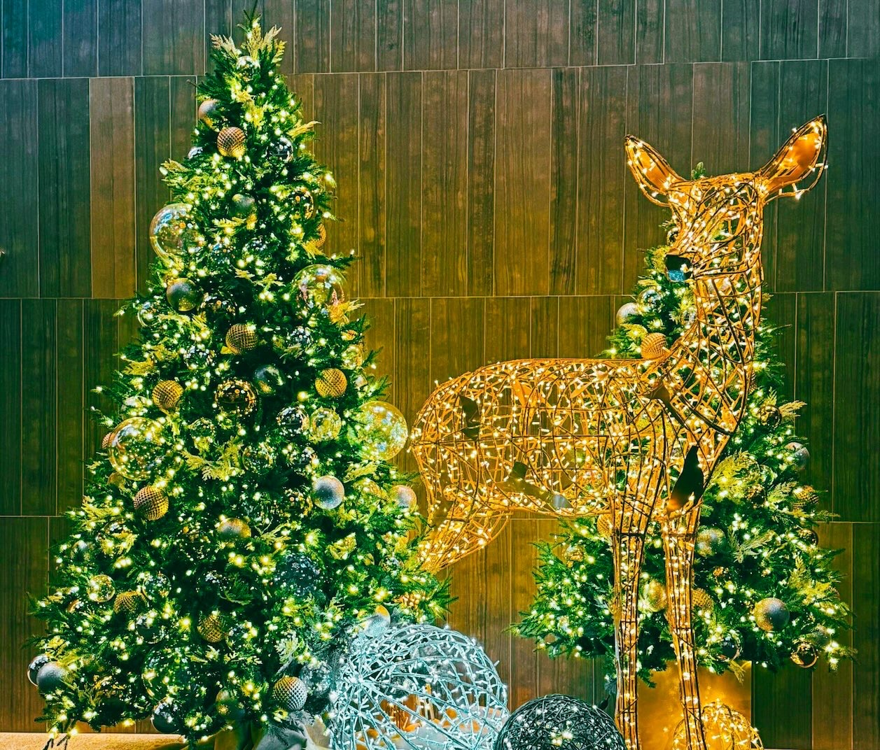 Gold wire deer covered in lights with decorated Christmas trees during Dallas in Winter