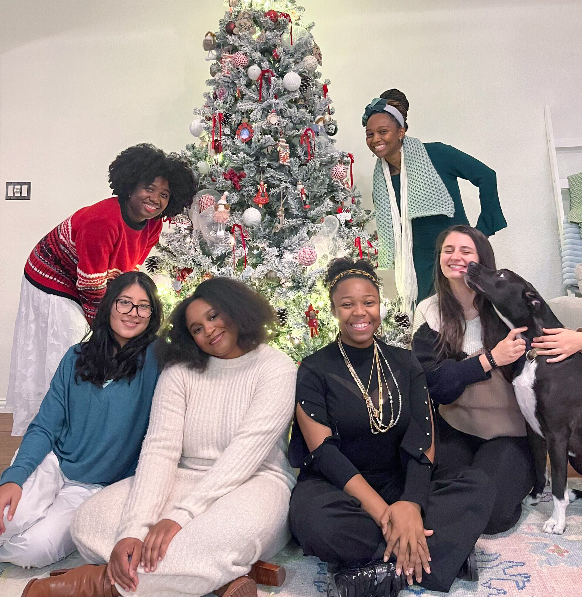 Six friends posing together beside a Christmas tree, dressed in festive colors and celebrating winter in Dallas.