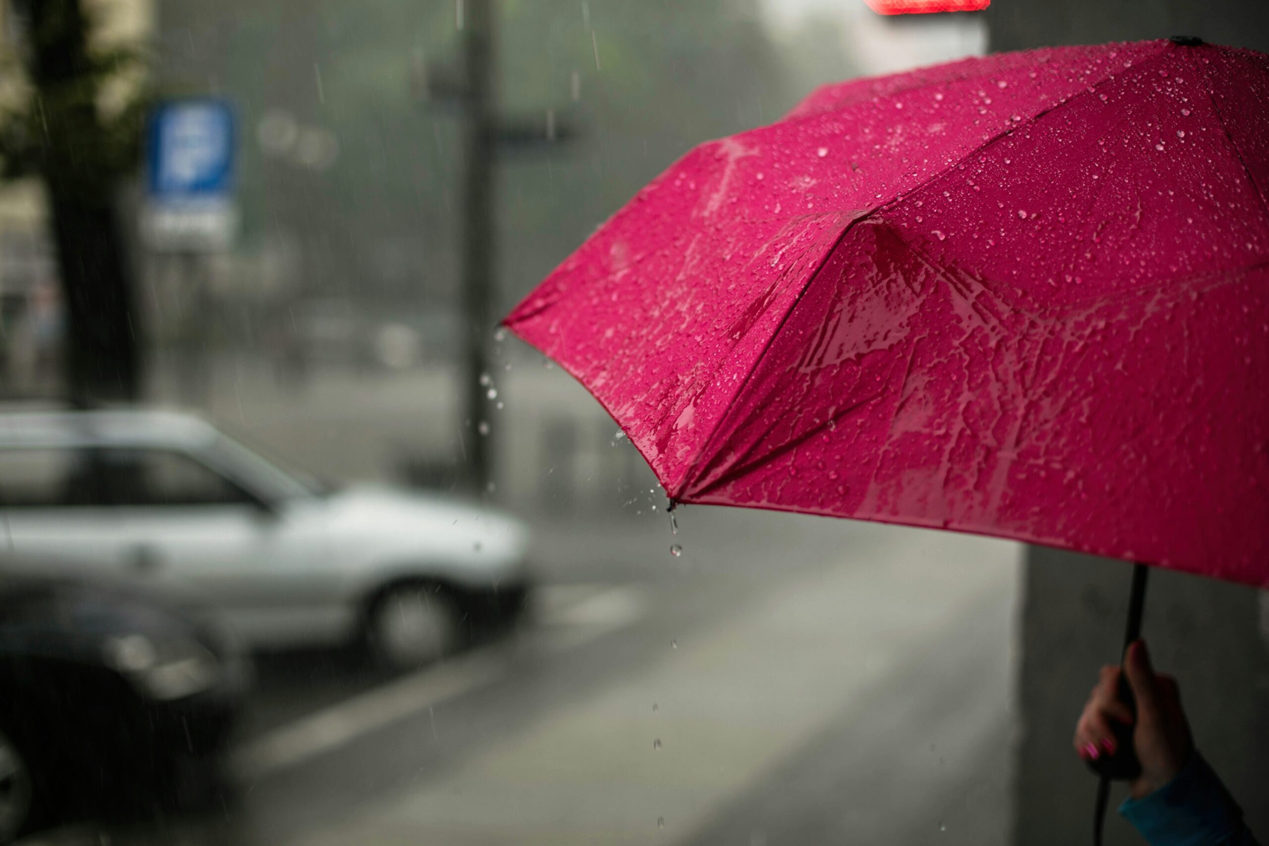 Red umbrella sheds raindrops on a rainy Dallas day, inspiring indoor activities in Dallas